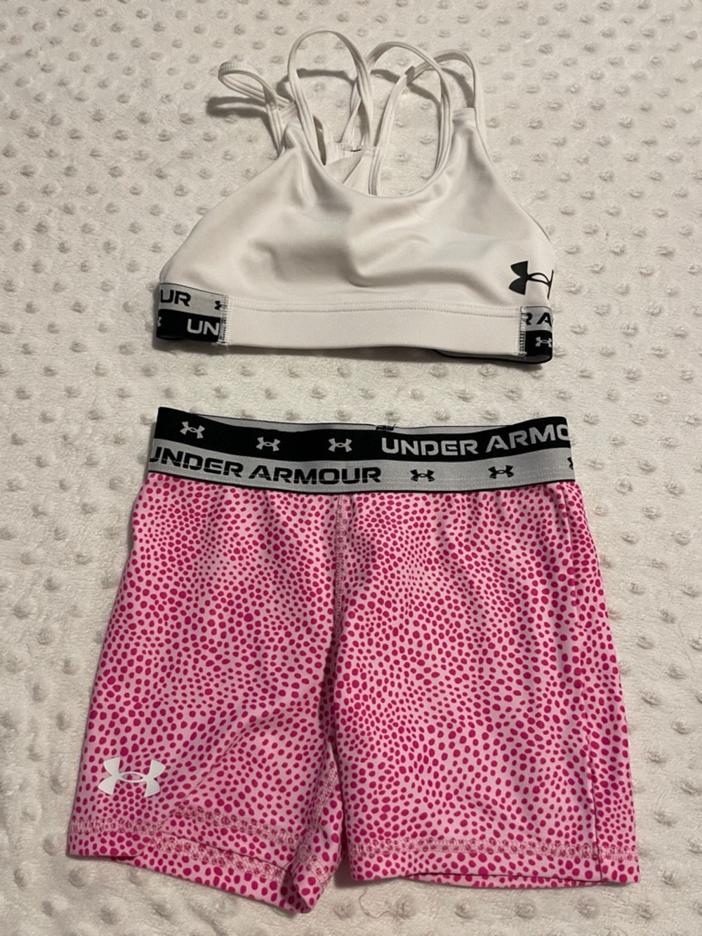 Under Armour White Sports Bra with Pink Dot Shorts Set